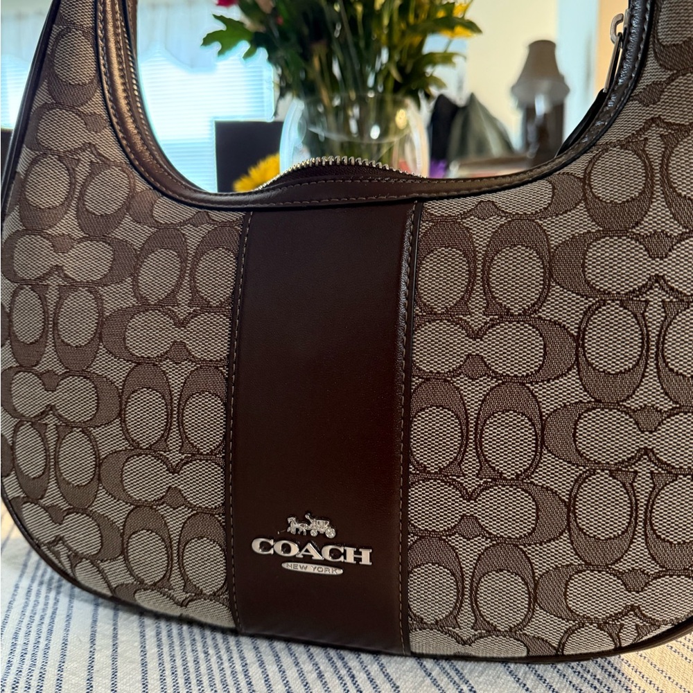 Coach Brown Monogram Shoulder Bag with Leather Stripe